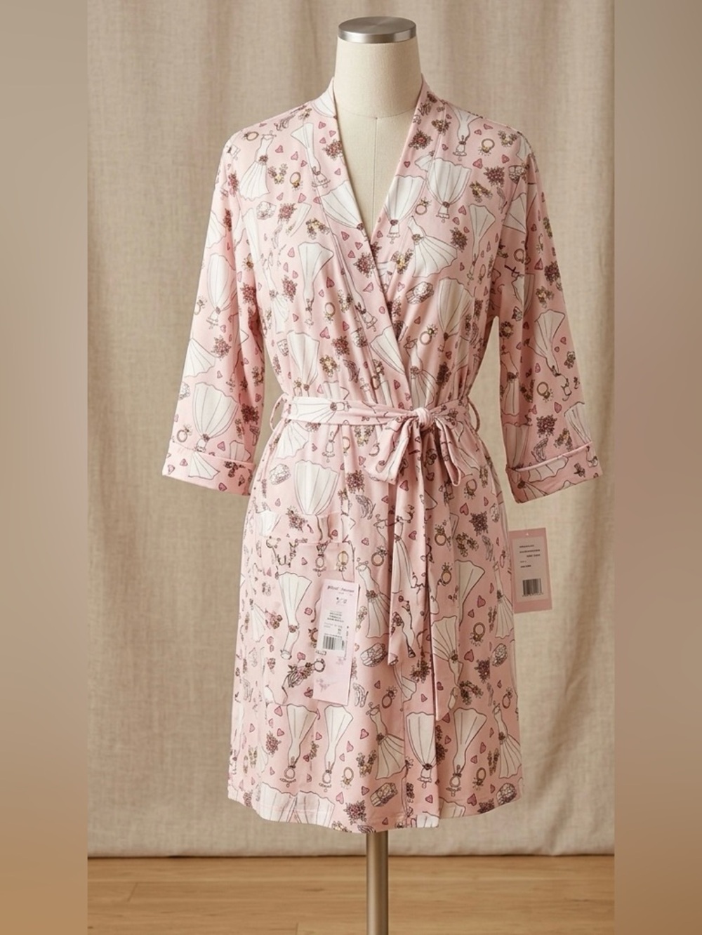 Light Pink Bridal-Print Tie-Waist Robe